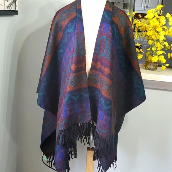 Poncho from Turkey by Pango I believe that it is Cashmere dark colors‎ wi… - Picture 1 of 9